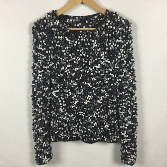 Grey Black & White Wool Blend Long Sleeve Pompom Sweater - Picture 6 of 10